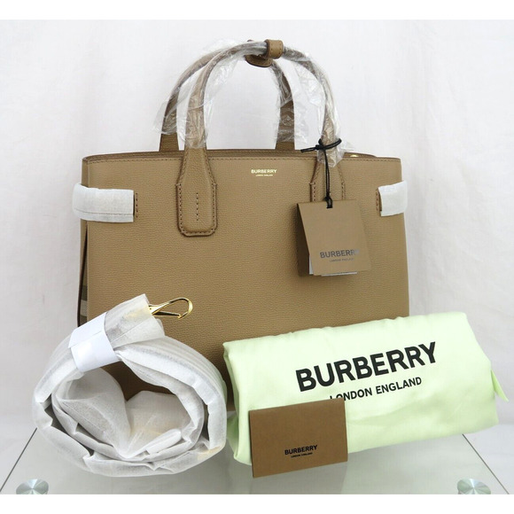 $1790 BURBERRY MD BANNER CAMEL TAN LEATHER CHECK LOGO SHOULDER MEDIUM TOTE BAG - Picture 5 of 13